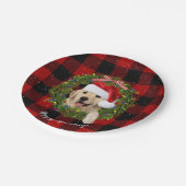 Golden Retriever Kranz auf Büffel kariert Pappteller (Schrägansicht)