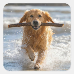 Golden Retriever läuft mit einem Strandstock Quadratischer Aufkleber