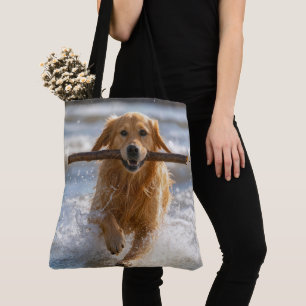 Golden Retriever läuft mit einem Strandstock Tasche