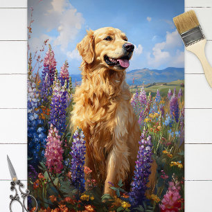 Golden Retriever Lupinen Blumen Decoupage Seidenpapier