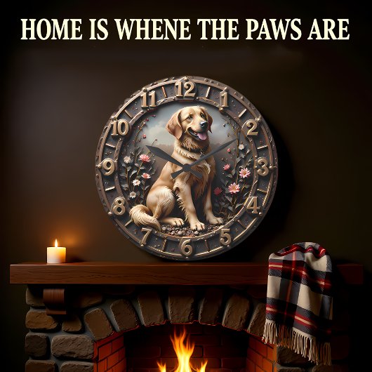 Golden Retriever Meadow Bronze Style Große Wanduhr