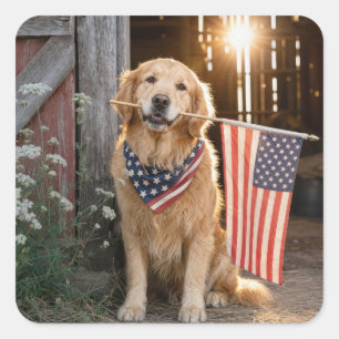Golden Retriever mit amerikanischer Flagge Quadratischer Aufkleber