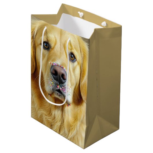 Golden Retriever mit Birthday Cake Sprinklen Mittlere Geschenktüte (Vorderseite Schrägansicht)