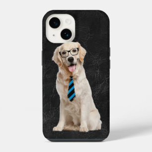 Golden Retriever mit Brille auf Leder iPhone 14 Hülle