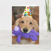 Golden Retriever mit Happy Birthday Hut und Spielz Karte (Vorderseite)