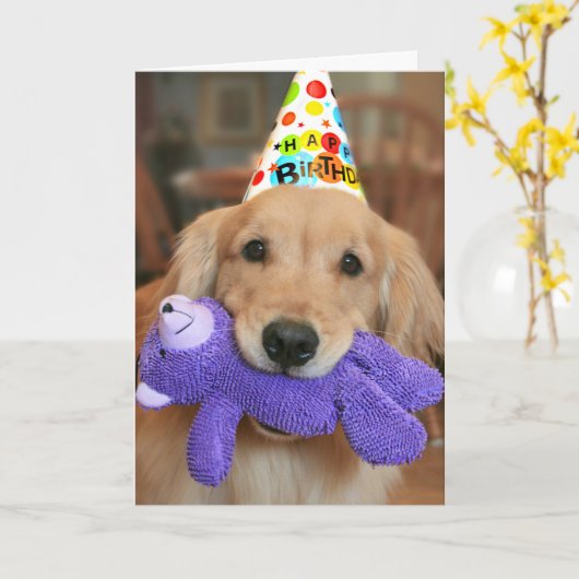 Golden Retriever mit Happy Birthday Hut und Spielz Karte (Gelbe Blume)