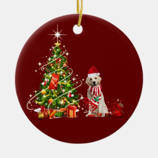 Golden Retriever mit Hat Scaft Weihnachten Keramik Ornament (Vorne)