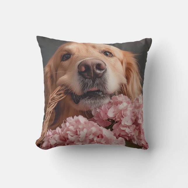 Golden Retriever mit Korb aus rosa Hydrangeas Kissen (Vorderseite)