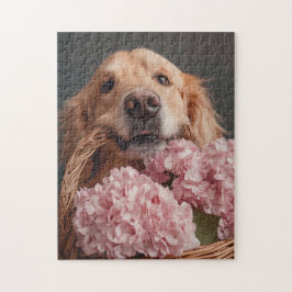 Golden Retriever mit Korb aus rosa Hydrangeas Puzzle