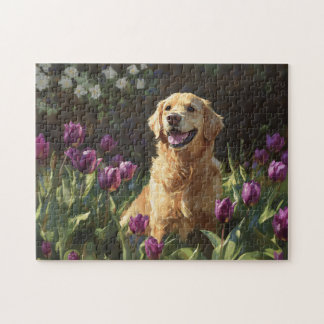 Golden Retriever mit Lila Tulissen Puzzle
