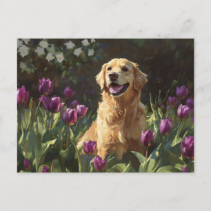 Golden Retriever mit lila Tulpen Postkarte