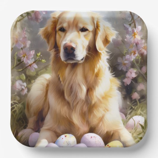 Golden Retriever mit Ostereiern Pappteller (Vorderseite)
