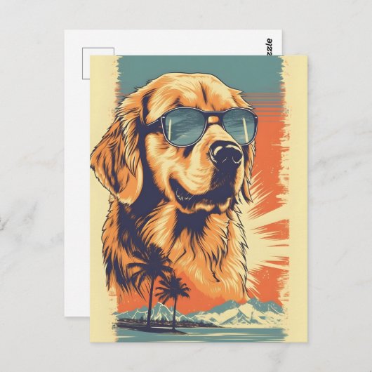 Golden Retriever mit Sonnenbrille am Strand Postkarte (Vorne/Hinten)