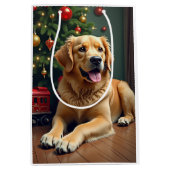 Golden Retriever neben dem Weihnachts-Zugspielzeug Mittlere Geschenktüte (Vorderseite)
