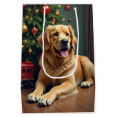 Golden Retriever neben dem Weihnachts-Zugspielzeug Mittlere Geschenktüte (Rückseite)