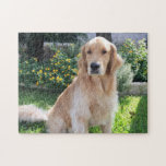 Golden Retriever Niedlich Hund Foto Blume Haustier Puzzle<br><div class="desc">Ein wunderschönes Golden Retriever Hundepuzzle mit einem schönen Jungtier vor hübschen gelben Blumen und grünem Gras. Ein niedliches Puzzle für einen Welpenliebhaber.</div>