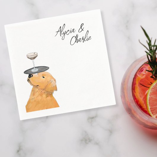 Golden Retriever niedlich zeichnend mit Getränken Serviette