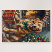 Golden Retriever Patiently Guarding Christmas Gift Puzzle (Horizontal)