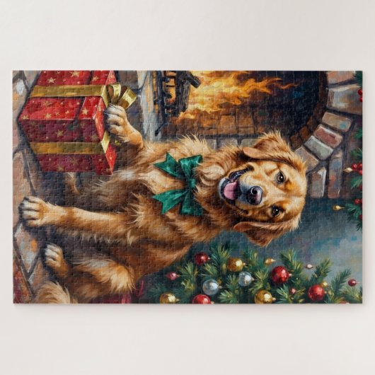 Golden Retriever Patiently Guarding Christmas Gift Puzzle (Horizontal)