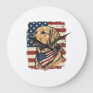 Golden Retriever Patriotisches Vintage-Vektordesig Große Wanduhr