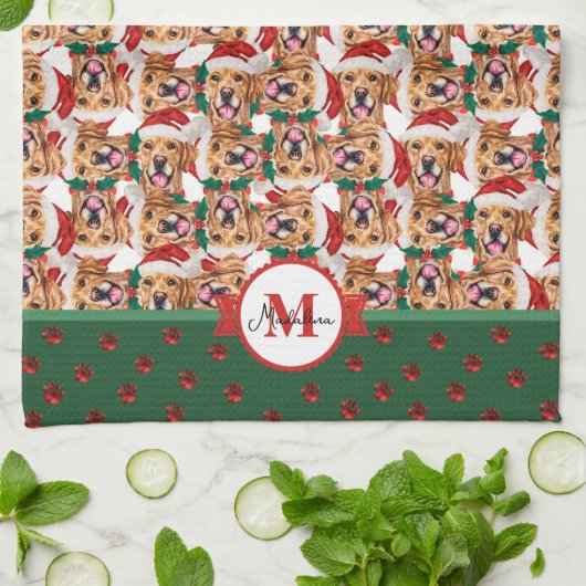 Golden Retriever Pattern Monogram Weihnachtshund Geschirrtuch (Gefaltet)