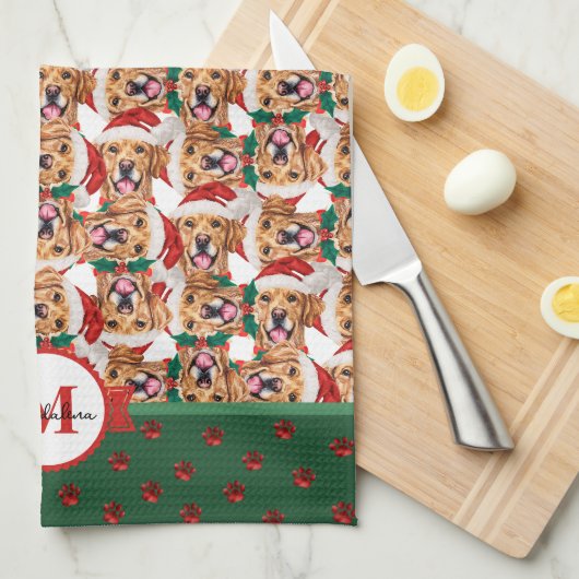 Golden Retriever Pattern Monogram Weihnachtshund Geschirrtuch (Viertel Falte)