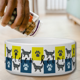 Golden Retriever & Paw Yellow & Blue Grid Dog Bowl Napf