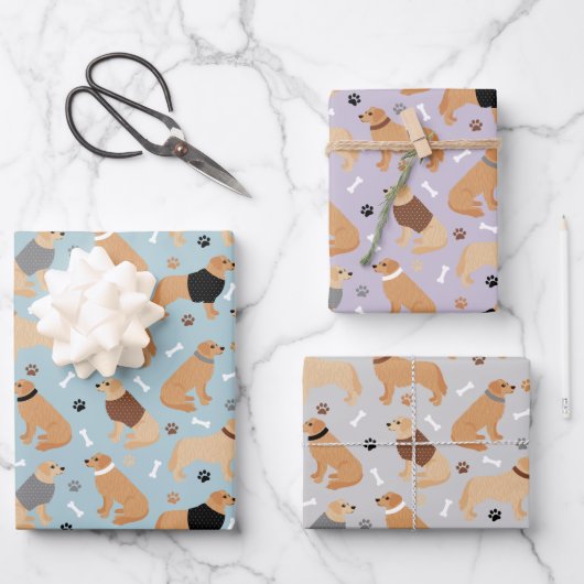 Golden Retriever Paws and Dog Bones Wrapping Paper Geschenkpapier Set (Vorderseite)