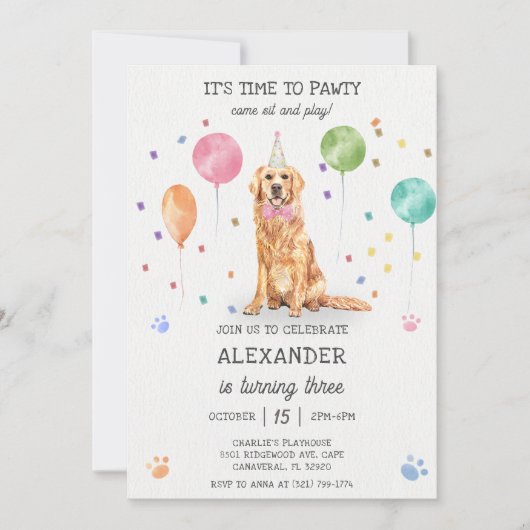 Golden Retriever Pawty Doppy Welpe Birthday Blue Einladung (Vorderseite)