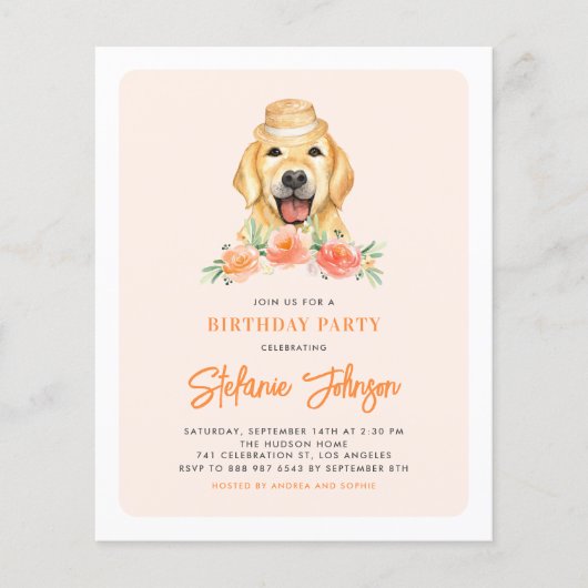 Golden Retriever Peach Birthday Party Invitation (Vorderseite)