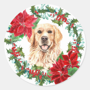 Golden Retriever Poinsettia Holly Weihnachtskranz Runder Aufkleber