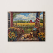 Golden Retriever Porch Sunflowers USA Flag Puzzle (Horizontal)