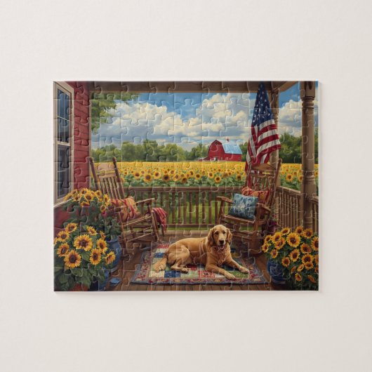 Golden Retriever Porch Sunflowers USA Flag Puzzle (Horizontal)