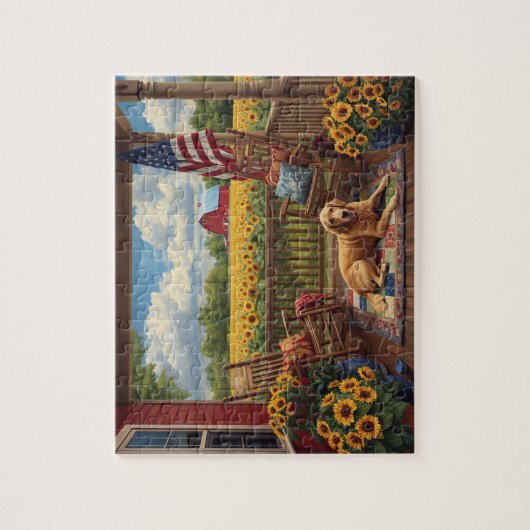 Golden Retriever Porch Sunflowers USA Flag Puzzle (Vertikal)