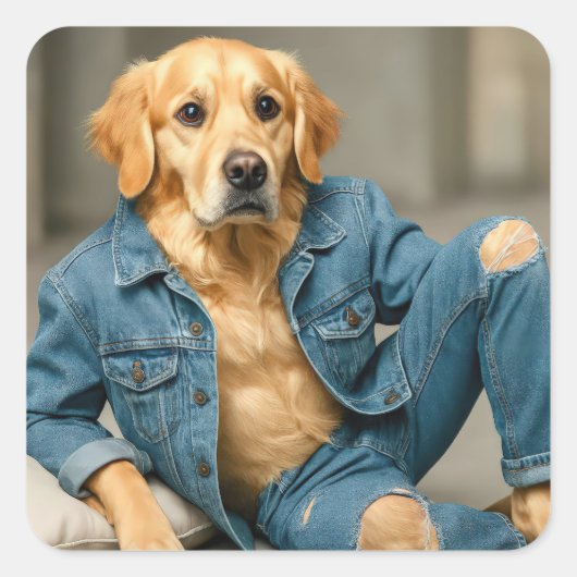 Golden Retriever Posing in Blue Jeans Quadratischer Aufkleber (Vorderseite)