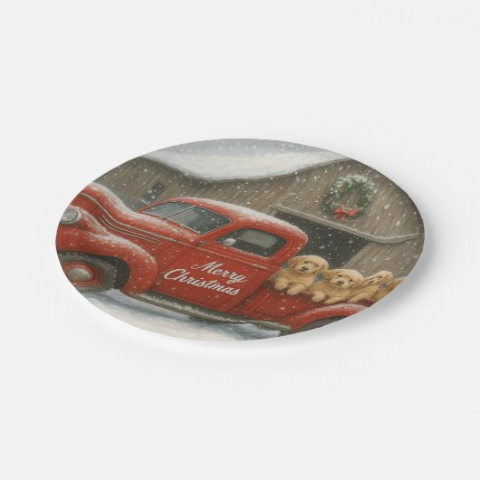 Golden Retriever Puppies in an old truck Christmas Pappteller (Schrägansicht)