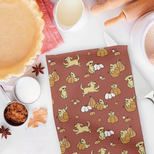 Golden Retriever Puppies Pumpkins Pattern Fall Geschirrtuch