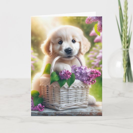 Golden Retriever Puppy am Muttertag mit Lilacs Karte (Vorderseite)