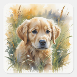 Golden retriever puppy at sunset quadratischer aufkleber