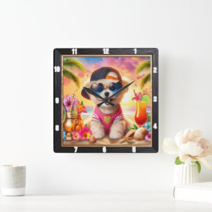 Golden Retriever Puppy Beach Time Quadratische Wanduhr