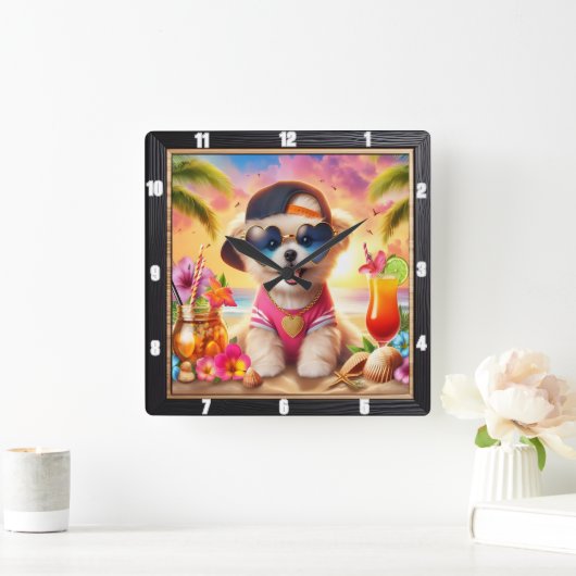 Golden Retriever Puppy Beach Time Quadratische Wanduhr (Zuhause)
