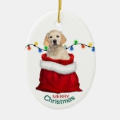 Golden Retriever Puppy Dog in Holiday Gift Bag Keramik Ornament (Vorne)