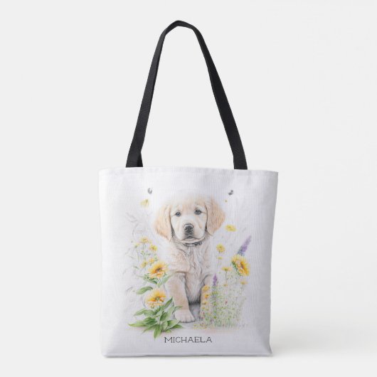 Golden Retriever Puppy Florals Monogram Name Tasche (Rückseite)