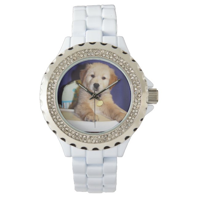 Golden Retriever Puppy im Hochstuhl Armbanduhr (Vorderseite)