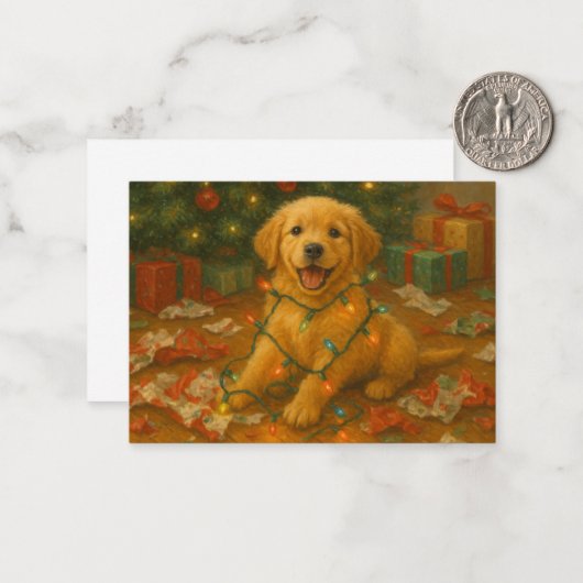 Golden Retriever Puppy in Christmas Lights Card Mitteilungskarte (Vorderseite/Rückseite Beispiel)