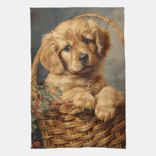 Golden Retriever Puppy in einem Korb Geschirrtuch