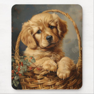 Golden Retriever Puppy in einem Korb Mousepad