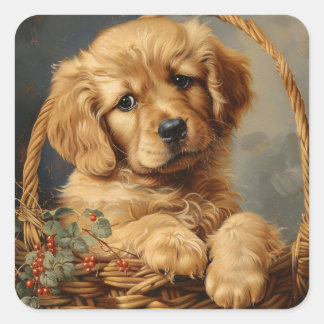 Golden Retriever Puppy in einem Korb Quadratischer Aufkleber