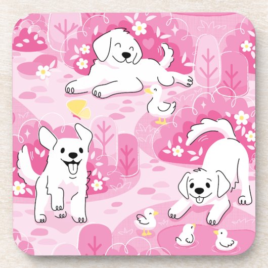 Golden Retriever Puppy in Pink Garden Getränkeuntersetzer (Vorderseite)