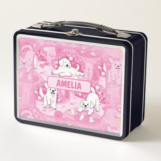 Golden Retriever Puppy in Pink Garden Metall Brotdose (Vorderseite)